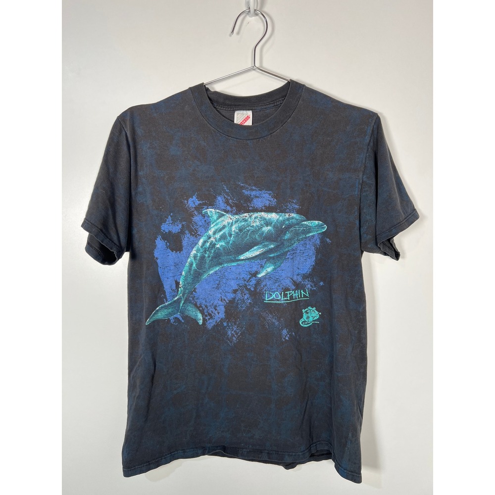 Jerzees Vintage Dolphin Graphic T-Shirt Black Blue Acid Wash Made in USA Large